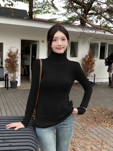 Real shot high-neck long-sleeved T-shirt for women spring 2024 new sexy tight-fitting bottoming shirt brushed top