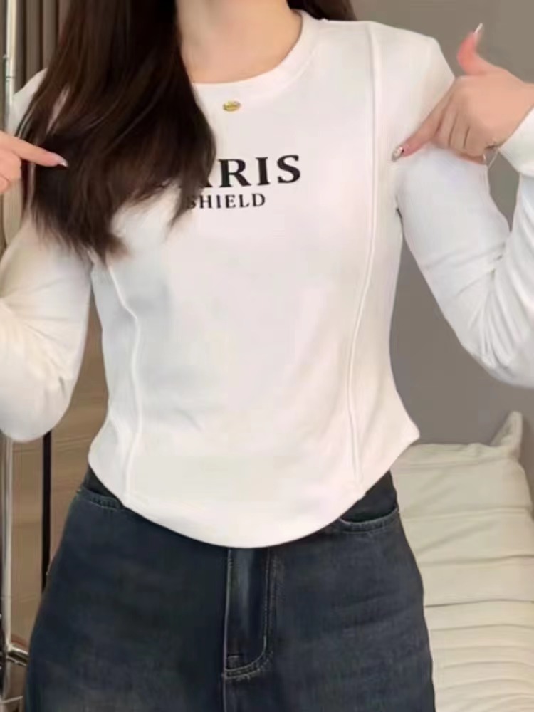 Short t-shirt bottoming shirt for women 2024 spring new white inner slim fit versatile long-sleeved round neck top