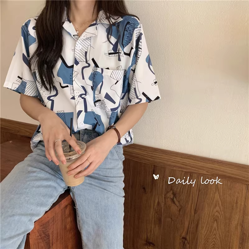 Real shot 2024 Korean version of retro Harajuku style printed shirt suit collar loose short-sleeved shirt top