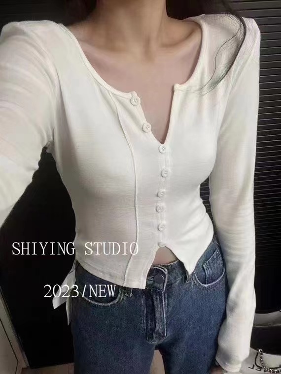 Designed short long-sleeved T-shirt for women 2024 early spring new slim-fitting, stylish and beautiful shirt top