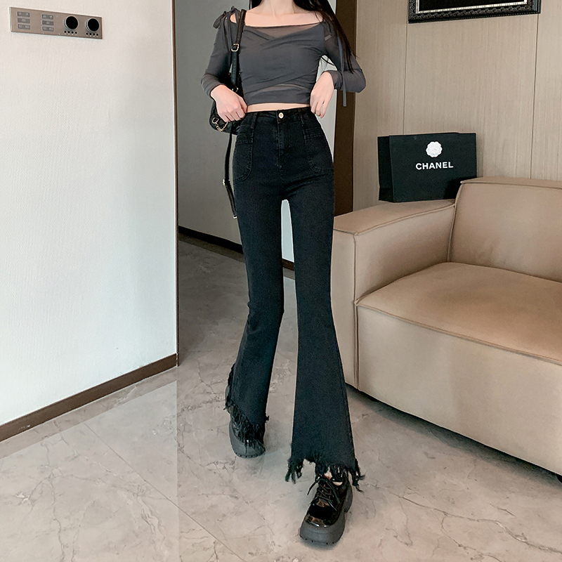 實拍~毛邊流蘇黑色微喇牛仔褲女春季復古高腰修身辣妹馬蹄褲