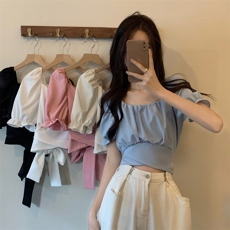2024春夏季新款設計感短款後背蝴蝶結系帶短袖襯衣休閒上衣女