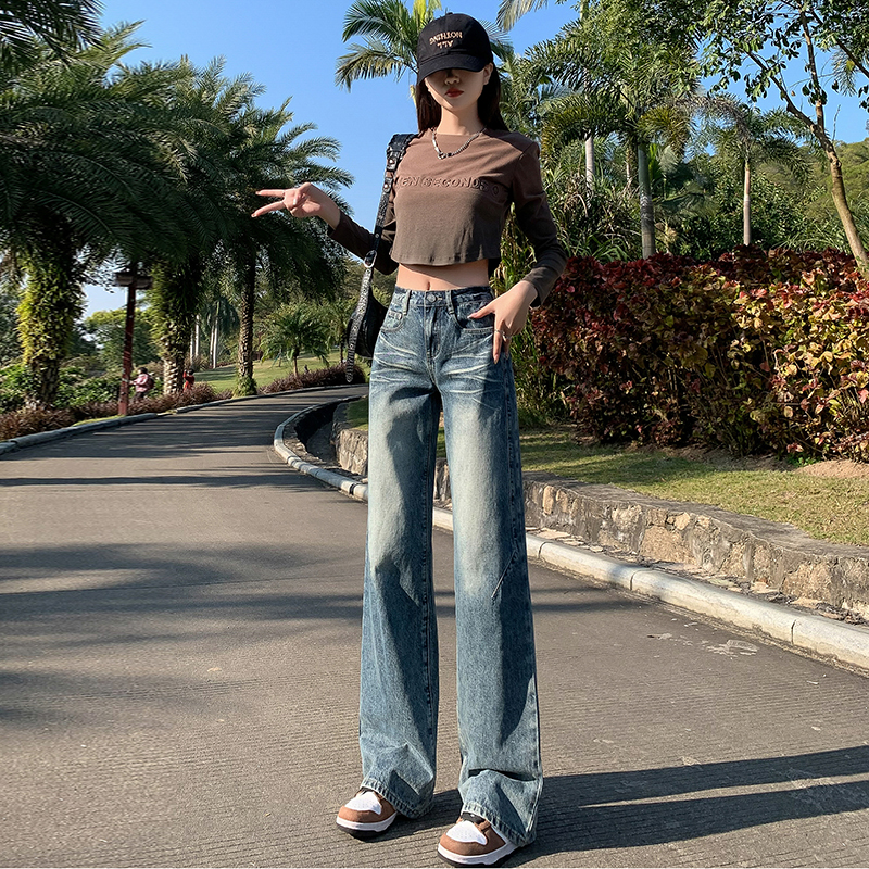 實拍~闊腿高腰牛仔褲女2024春季美式高街顯瘦辣妹拖地寬鬆直筒褲