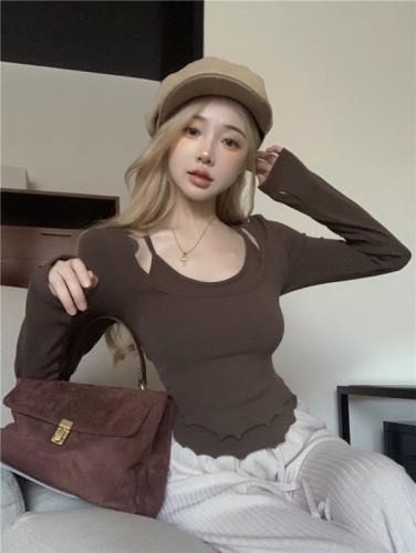 Official photo, fake two-piece fungus-edged long-sleeved suspender T-shirt for women, spring and autumn slim-fitting short inner layered shirt, chic top