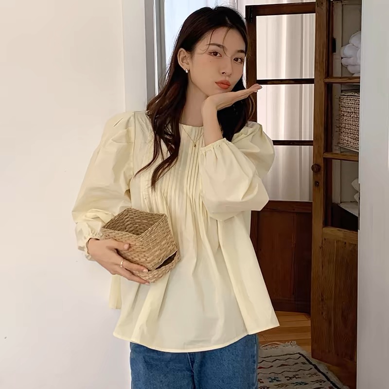 韓國chic春季簡約氣質圓領褶皺感設計寬鬆泡泡袖純色荷葉邊襯衫女