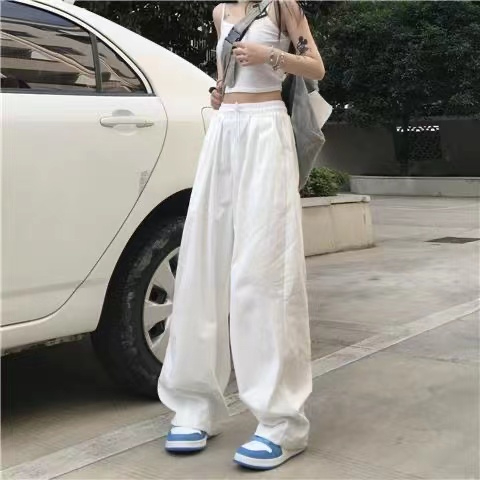 hiphop白色高腰顯瘦運動褲日系寬鬆休閒褲子女夏季垂感直筒闊腿褲