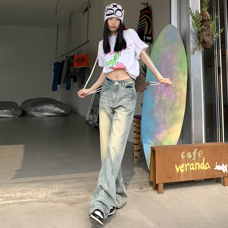 實拍~GX-45酷帥拽姐 2024直筒牛仔褲女復古闊腿褲拖地長褲子