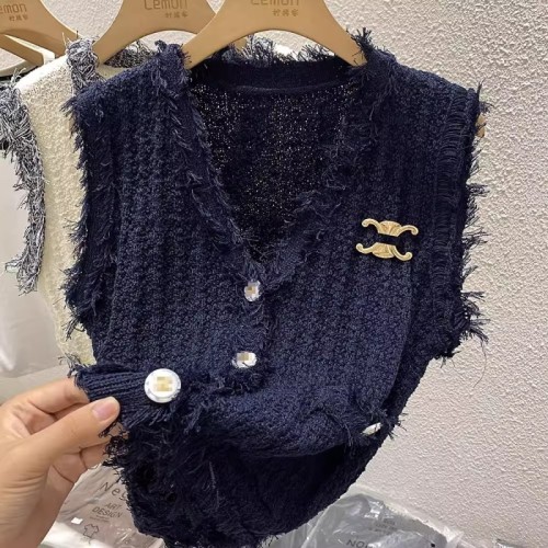 2024 V-neck tassel knitted sweater vest for women autumn design niche small fragrance vest outer sleeveless top
