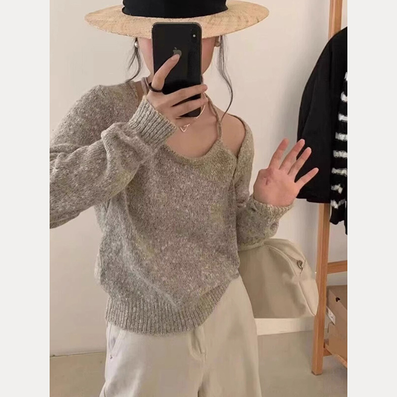Tmall quality autumn Korean style fake two-piece sweater with halter neck design mixed thread artistic thin chic sweater