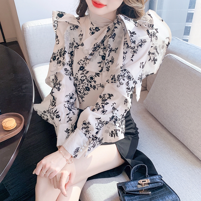 Spring and Autumn New Arrival Floral Bow Tie Ruffled Shirt Top Women