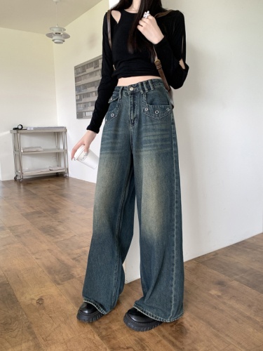 Actual shot of 2024 spring new women's high-waisted denim washed nostalgic wide-leg pants slimming denim trousers