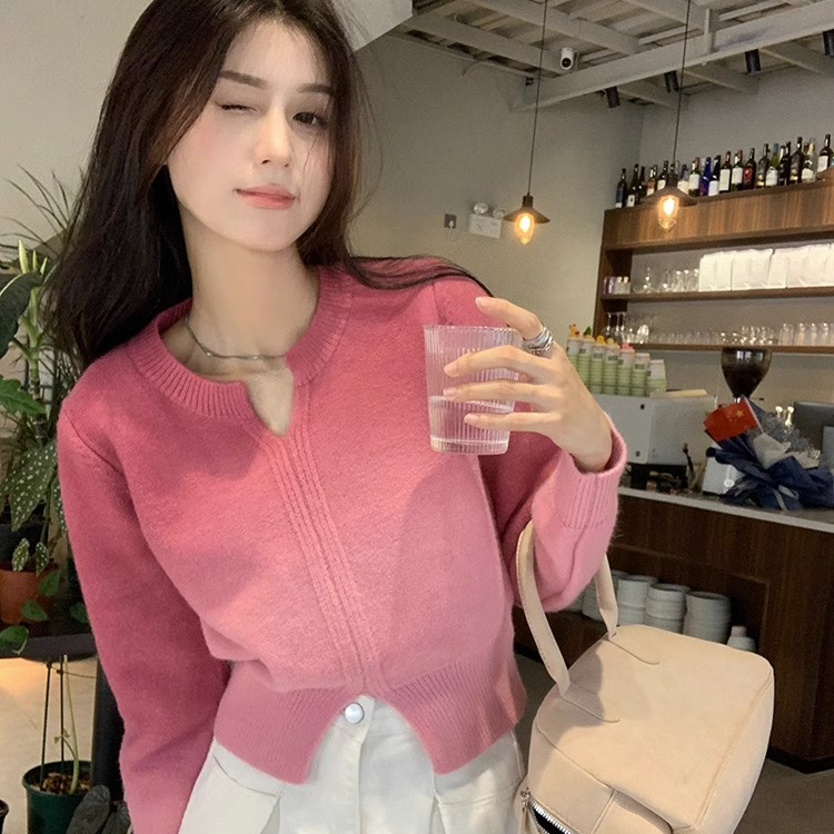 秋冬季新款漸變色套頭慵懶風粉色毛衣外穿女士長袖針織衫上衣