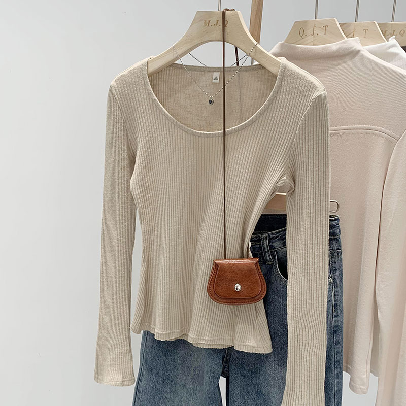 Actual pictures of casual and versatile round neck pit striped sweaters for women spring 2024 new slim slim long-sleeved T-shirts