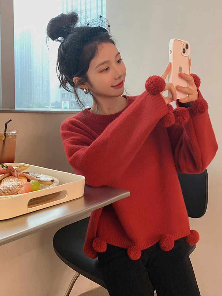 聖誕穿搭紅色球球毛衣女2024新款秋冬高級感超好看寬鬆針織衫上衣