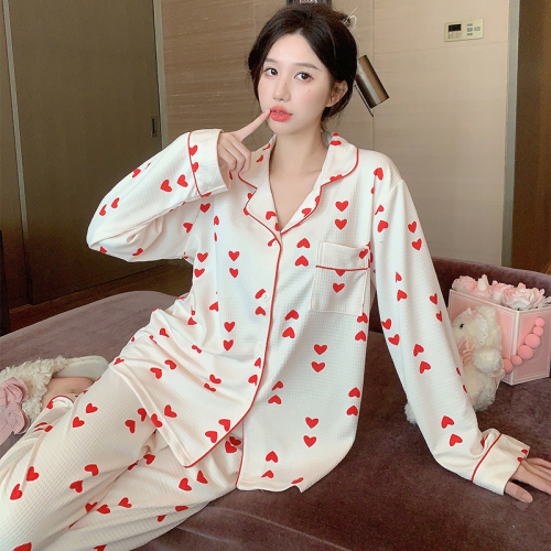 Aishang 2024 new spring and autumn long-sleeved women's pajamas waffle cardigan sweet and cute home wear set