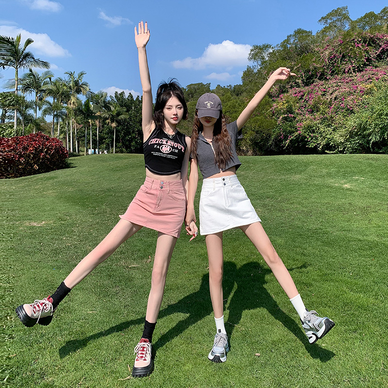 Real shot ~ hot girl double-button high-waisted skirt 2024 new style dopamine small slit anti-exposure short skirt for women