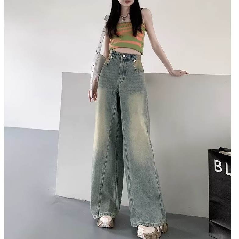 高腰闊腿牛仔褲女2024年新款美式復古寬鬆直筒高個子拖地褲秋