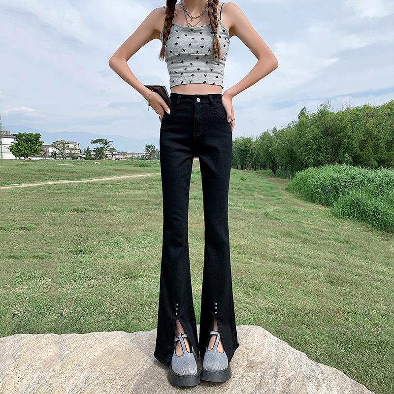 Actual shot of retro high-waist slim trousers and jeans 2024 new early autumn stretch slim fit micro-flared slits