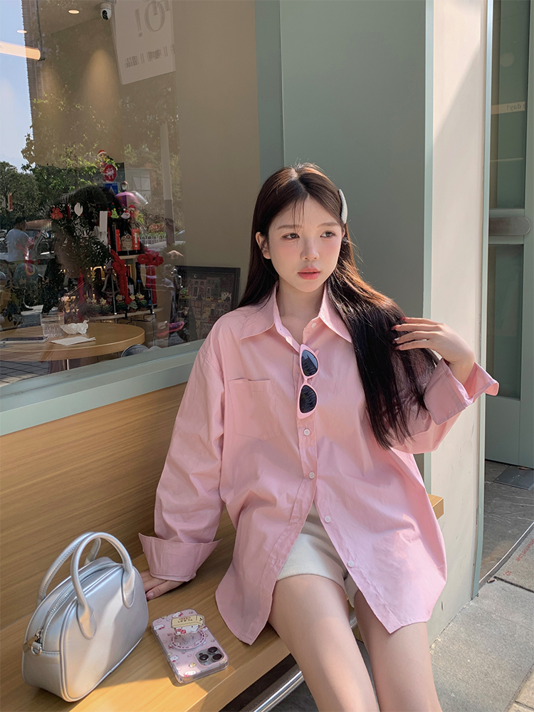 Actual shot of early spring Korean chic simple solid color handmade versatile shirt