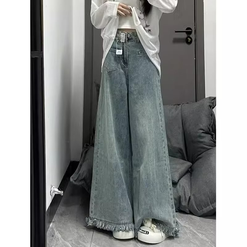 辣妹復古做舊毛邊大闊腿牛仔褲女秋季小個子高腰顯瘦垂感拖地長褲