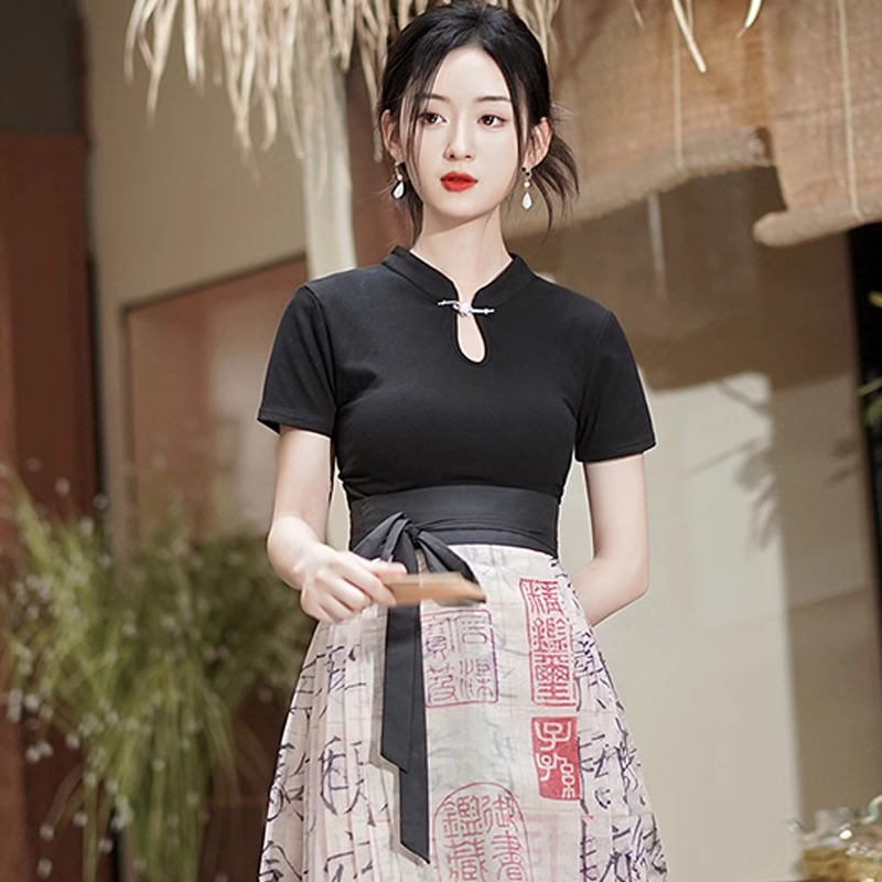 官圖 短袖T恤女設計感黑色正肩春夏氣質小眾改良旗袍中式國風上衣