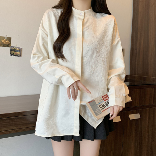 Real shot of new Chinese style retro embroidered jacquard long-sleeved shirt new design national style top