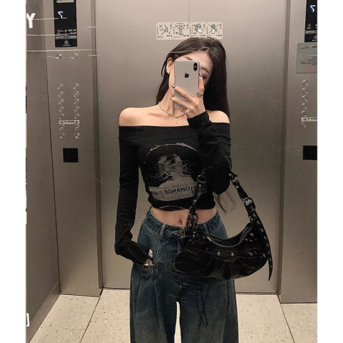 Black one-shoulder top for women spring and summer 2024 new slim fit short style