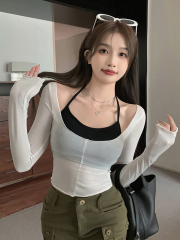 Two-piece set of pure lust slightly see-through hottie slim-fitting long-sleeved short T-shirt top for women