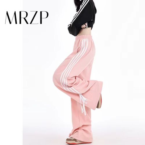 American pink bow elastic waist straight sweatpants for women in autumn and winter, loose slimming and drapey sports casual wide leg pants