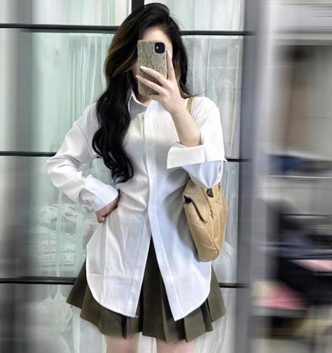 White waist slimming long-sleeved shirt for women Korean style niche early autumn new versatile solid color slim shirt