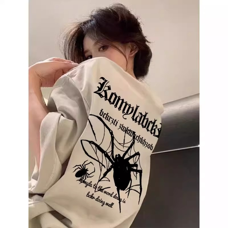 雙紗250克美式暗黑風vintage蜘蛛印花高街短袖T恤女