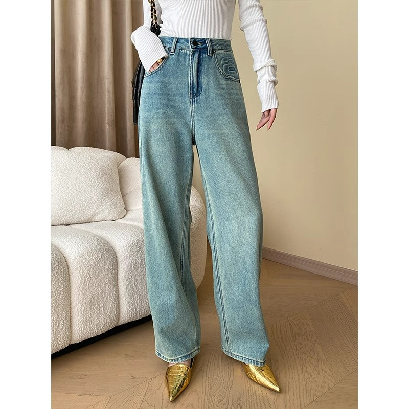 Straight jeans autumn new style French fashion letters special washed straight jeans slimming wide leg pants