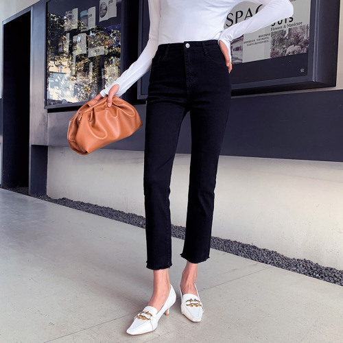 Pencil Pants Series Real shot of high-waisted new jeans for women 2024 spring new tight-fitting nine-point straight pants