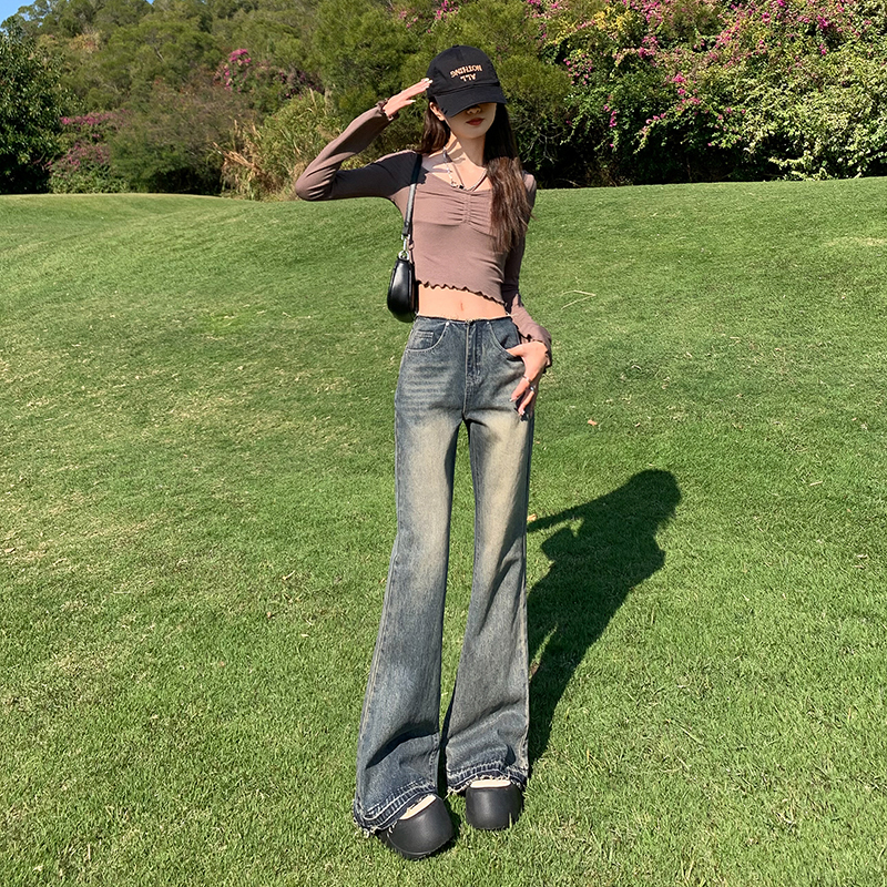 實拍美式復古微喇叭牛仔褲女2024春季新款特色褲腰毛邊拖地闊腿褲
