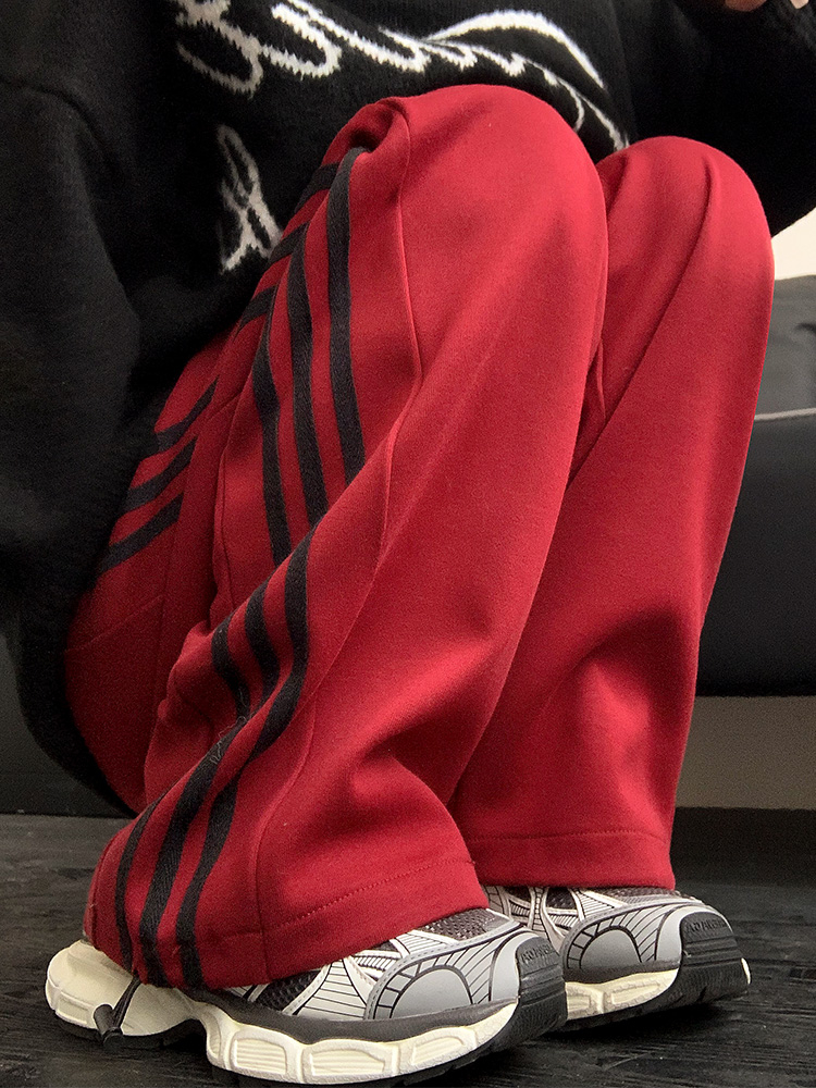 Three-stripe sweatpants for women spring, autumn and winter 2024 new loose hip-hop wide-leg pants red casual striped guard pants