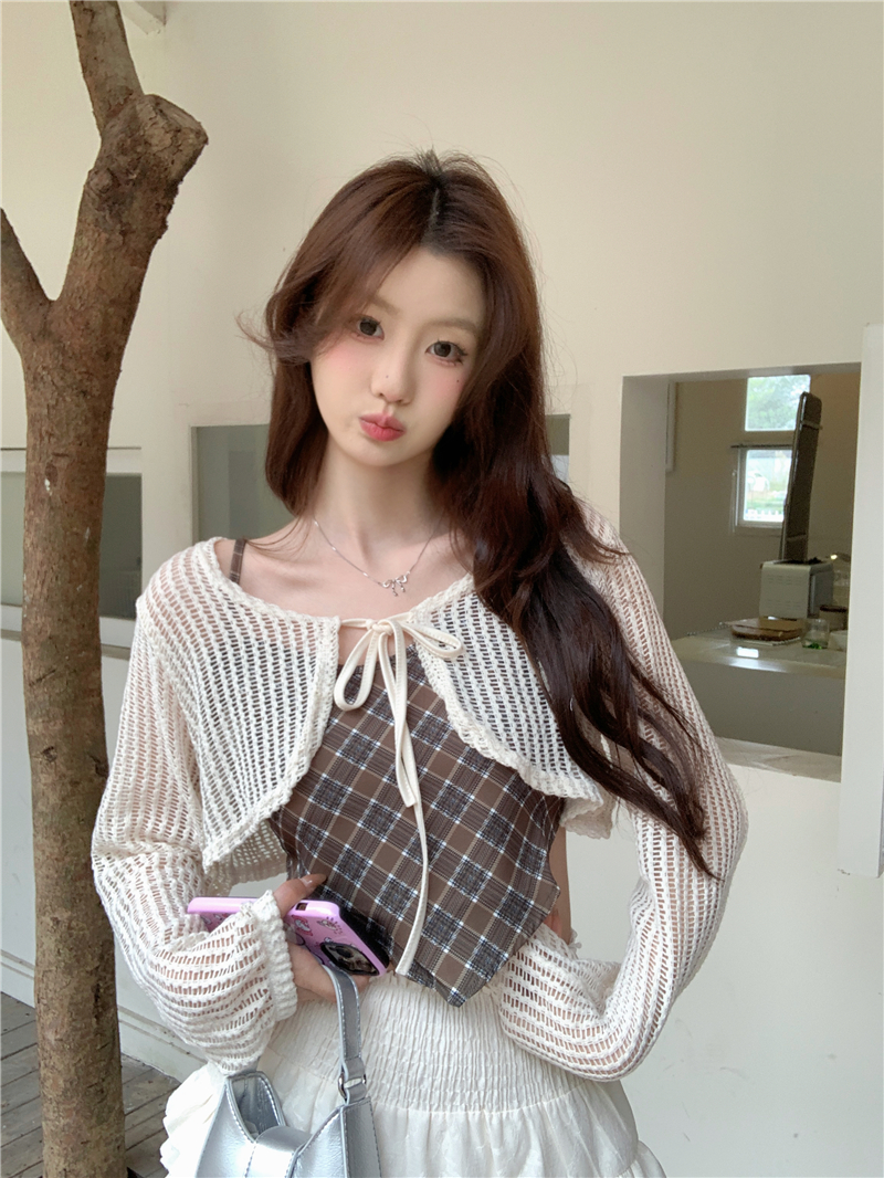 實拍 夏季純欲復古設計感菱形格子背心＋溫柔風蕾絲防曬開衫