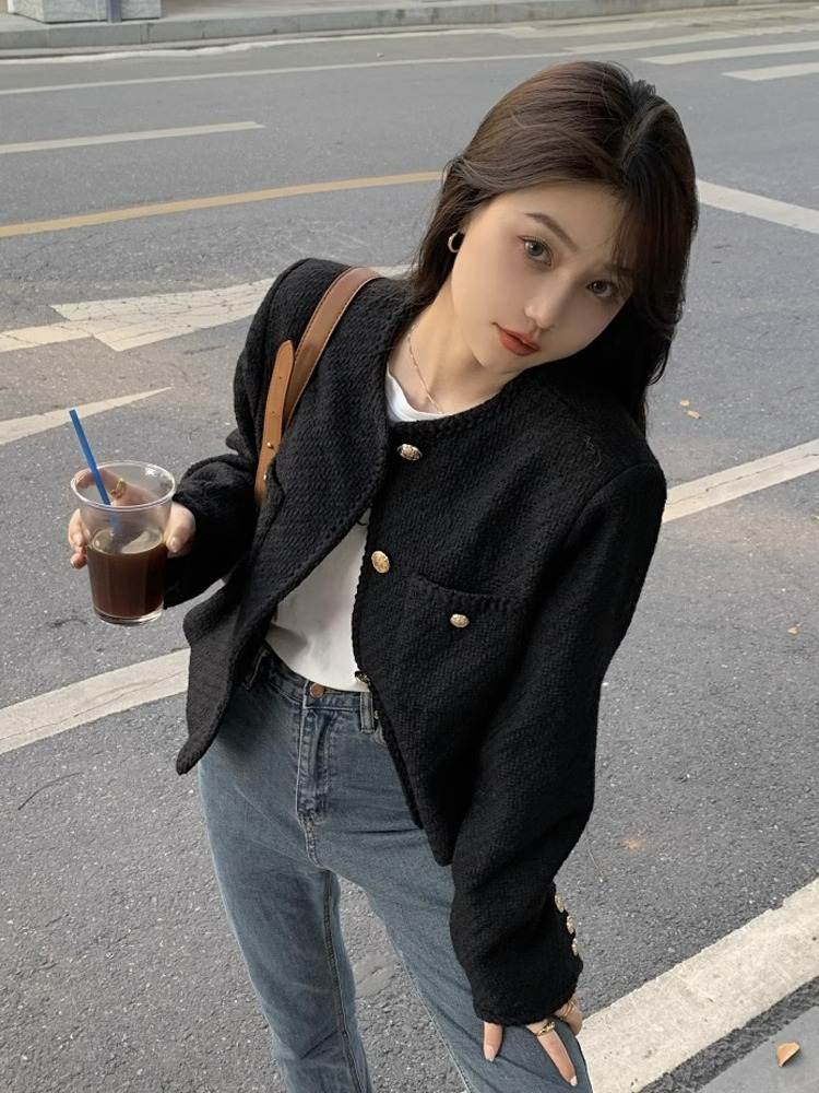 Small gentle temperament new long-sleeved small fragrant jacket women's autumn black loose versatile cardigan top