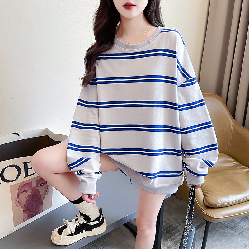 First real-shot striped sweatshirt 270g for women, spring and autumn Korean style round neck long-sleeved T-shirt tops for women plus size 200 pounds