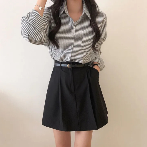 韩国chic复古宽松慵懒条纹长袖衬衫女