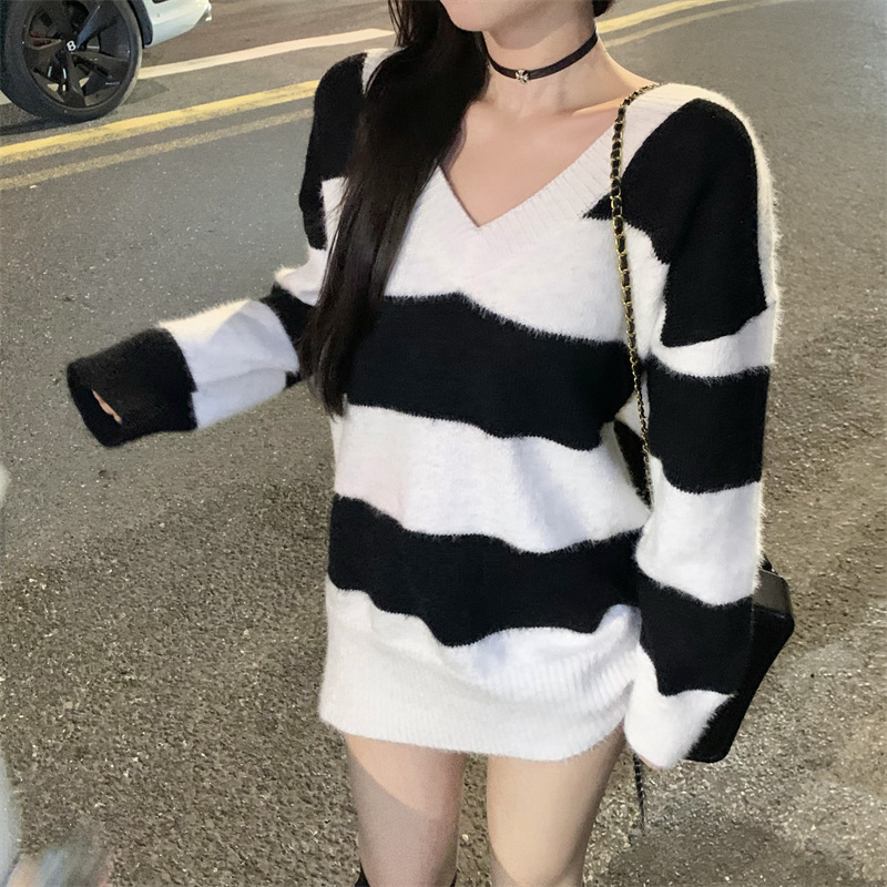 實拍 春季新款慵懶條紋毛衣中長款V領針織衫