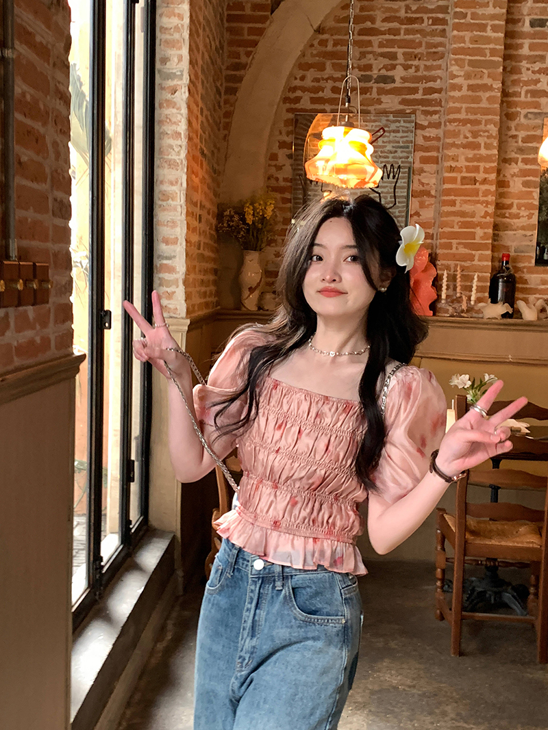 Square collar sweet pink puff sleeve shirt women's summer design niche French chic unique short top