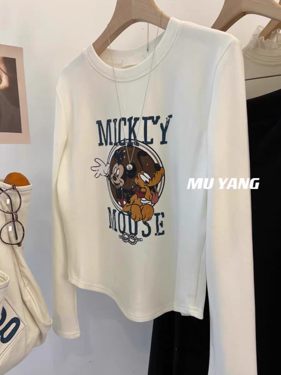 Official Cartoon Print Brushed Round Neck Top German Velvet Pullover Long Sleeve Bottoming T-Shirt