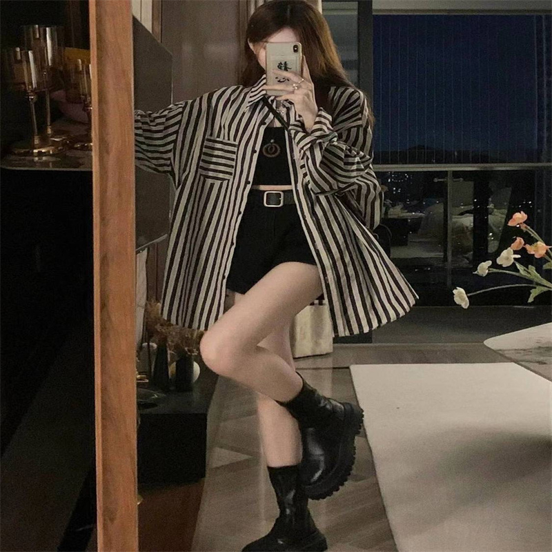 防曬條紋襯衫女新款設計感小眾長袖休閒慵懶風寬鬆外套襯衣潮
