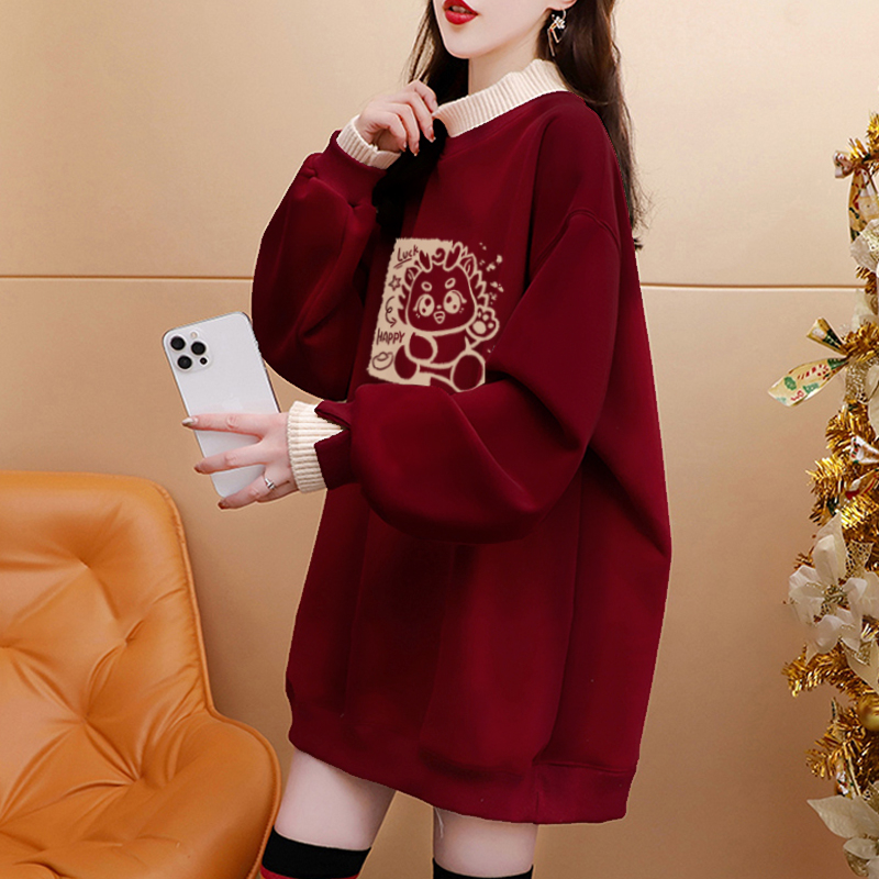Pure cotton composite super soft autumn and winter super fire dragon print fake two-piece half turtleneck plus velvet sweatshirt for women