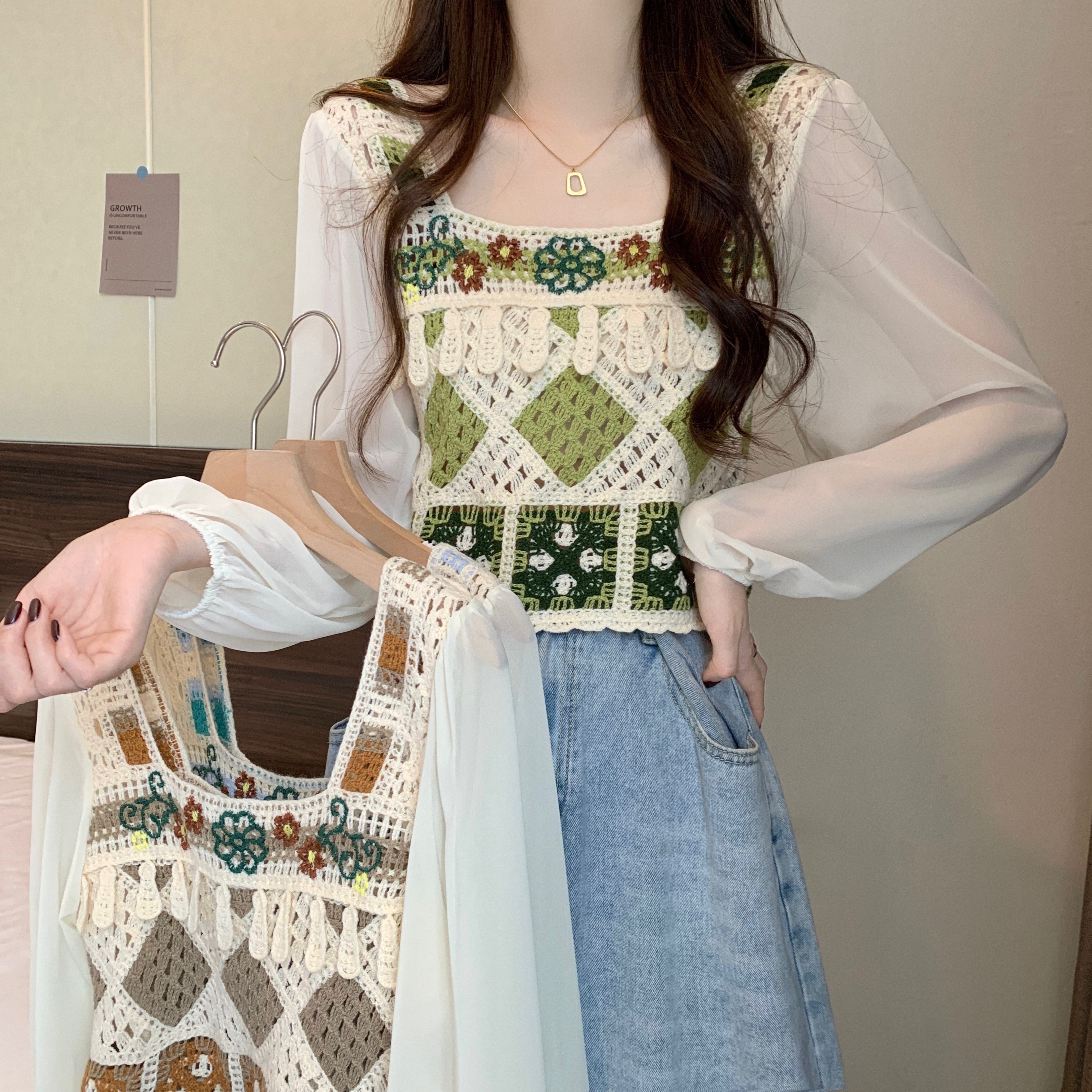 Real shot New version of early autumn retro French style contrasting crocheted hollow design knitted top