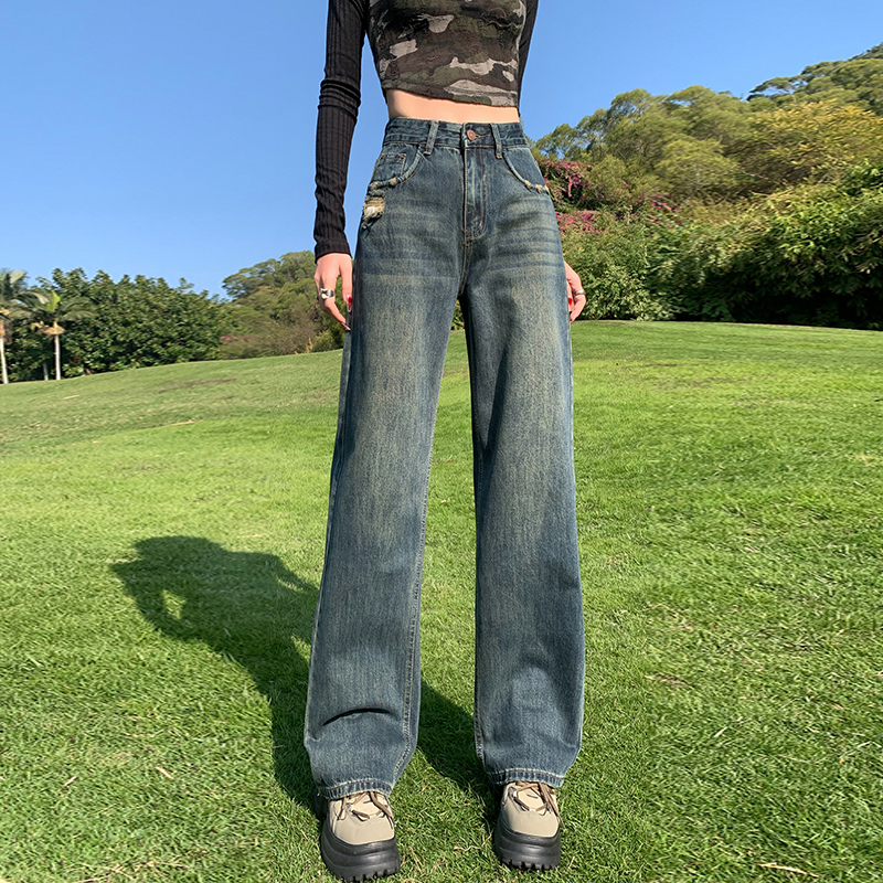 Real shot of retro blue ripped jeans for women 2024 new high-waisted straight-leg loose slimming wide-leg floor-length pants