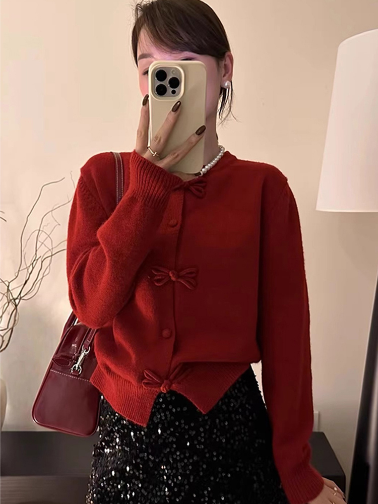 New Chinese style retro bow buttoned sweater cardigan spring style slimming wool coat long-sleeved top