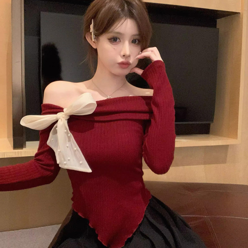 Official photo Bow tie collar off-shoulder long-sleeved T-shirt sweater for women spring and autumn irregular short top bottoming shirt