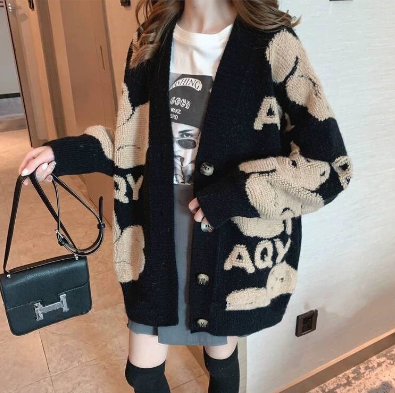 Bear Sweater Jacket Women's New Autumn and Winter Lazy Style Korean Style Loose Internet Celebrity Knitted Cardigan Fashionable and Thickened