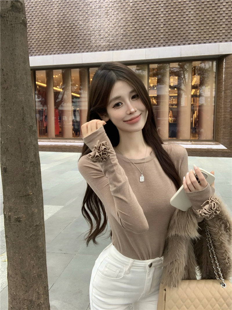 Actual shot ~ High-end chic floral long-sleeved round neck T-shirt for women autumn slimming bottoming shirt top